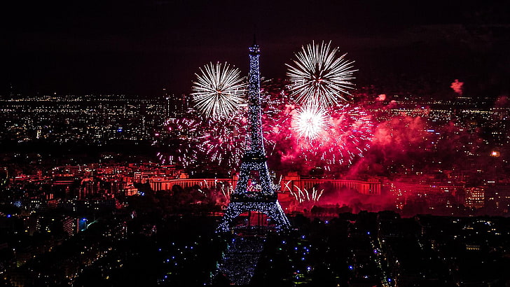 paris, eiffel tower, europe, fireworks, night lights, night, france, tower, new year, event, festival, light, cityscape, sky, city, HD wallpaper