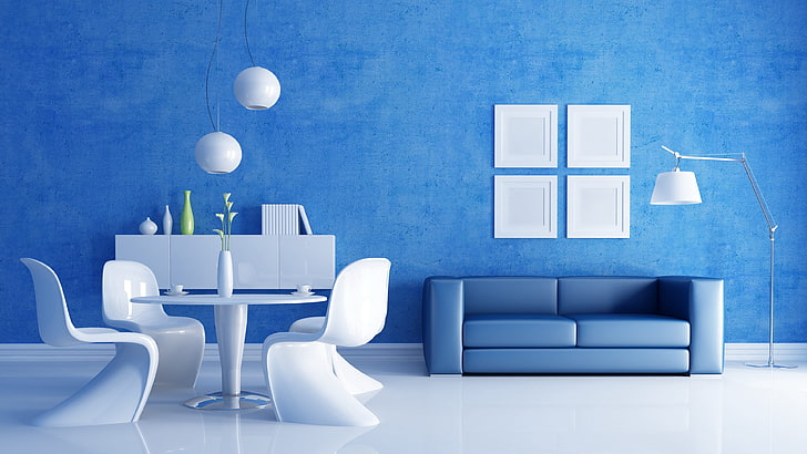 ห้อง, สีน้ำเงิน, เฟอร์นิเจอร์, ที่นอน, โต๊ะ, การออกแบบตกแต่งภายใน, เก้าอี้, หน้าต่าง, มุม, ห้องนั่งเล่น, วอลล์เปเปอร์ HD