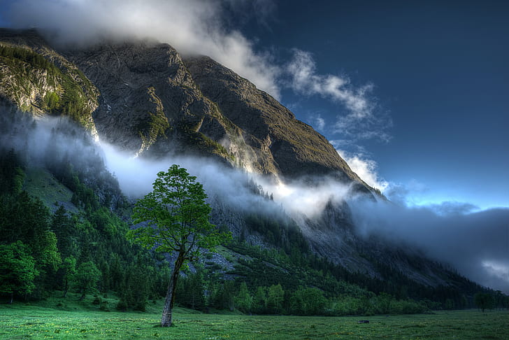 landskap dimmigt berg under dagtid, landskap, dimmigt, berg, dagtid, SOE, moln, berge, karwendel alperna, träd, morgon, soluppgång, alpen, ljus, natur, natur, resa, I DAG, BÄST, scenics, utomhus, skog, grön Färg, dimma, gräs, HD tapet