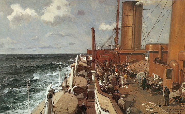 kapal coklat di badan lukisan air, laut, ombak, orang, tinggal, kapal, dek, penumpang, Claus Bergen, Wallpaper HD