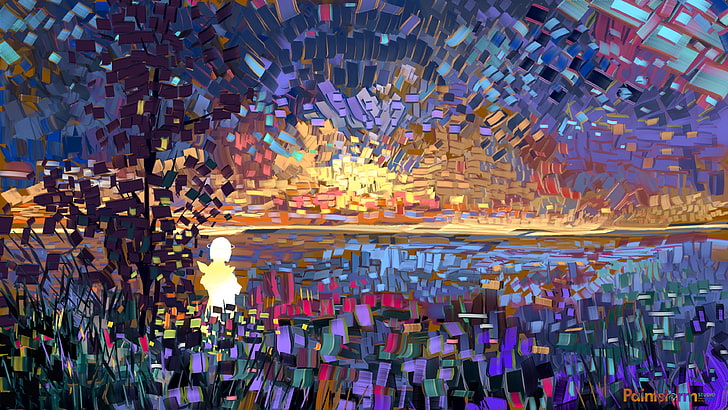 peinture mosaïque multicolore, art numérique, coucher de soleil, géométrie, coloré, Fond d'écran HD