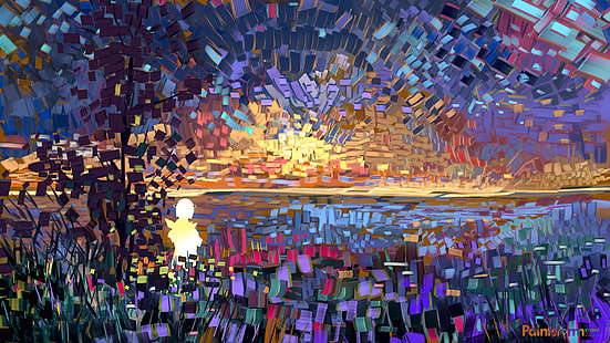 ภาพวาดโมเสคหลากสีศิลปะดิจิตอลพระอาทิตย์ตกเรขาคณิตสีสันสดใส, วอลล์เปเปอร์ HD HD wallpaper