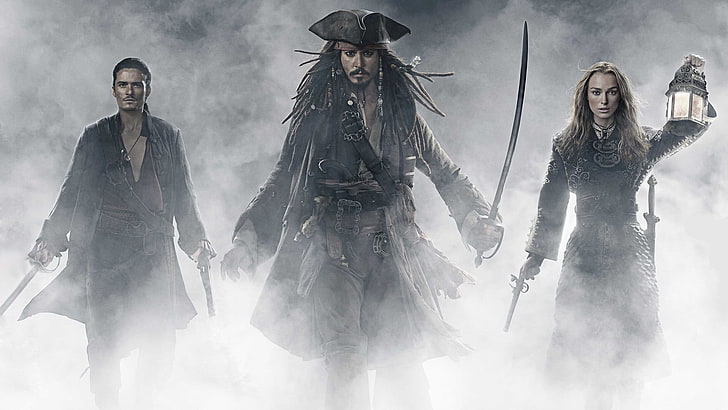 pirates digital wallpaper, movies, Pirates of the Caribbean: At World's End, Keira Knightley, Johnny Depp, Orlando Bloom, Jack Sparrow, HD wallpaper