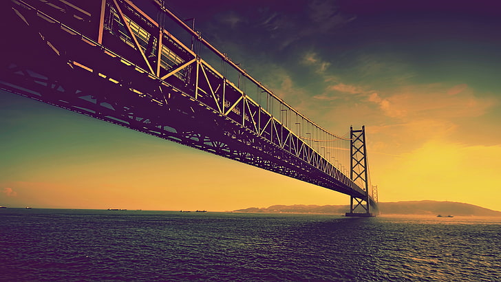 brown steel bridge, bridge, sunset, sea, HD wallpaper