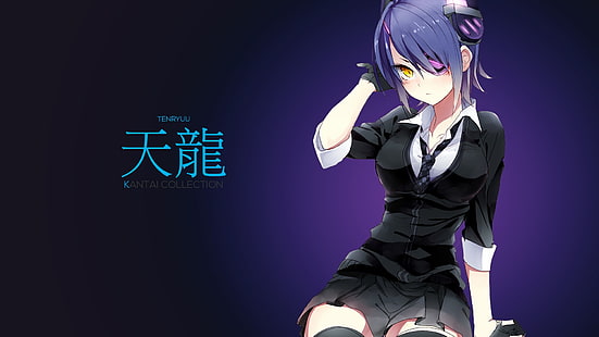 personaggio anime femminile dai capelli viola, collezione Kantai, Tenryuu (KanColle), anime, anime girls, calze, Sfondo HD HD wallpaper