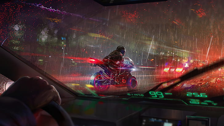 Sci Fi, киберпанк, футуристический, мотоцикл, дождь, автомобиль, HD обои