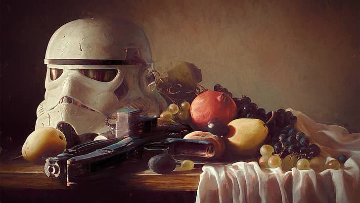 still life, digital art, artwork, fruit, stormtrooper, Star Wars, blaster, HD wallpaper