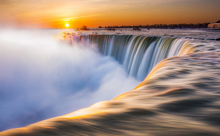 winter, the sun, river, morning, Niagara, Canada, Niagara Falls, HD wallpaper
