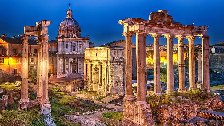 夕暮れ、歴史、歴史、イタリア、ローマ、ローマのフォーラム、列、遺跡、ヨーロッパ、夜、ランドマーク、観光、フォーラムのローマ、古代ローマの建築、都市、空、古代史、古代ローマ、観光名所、史跡、 HDデスクトップの壁紙