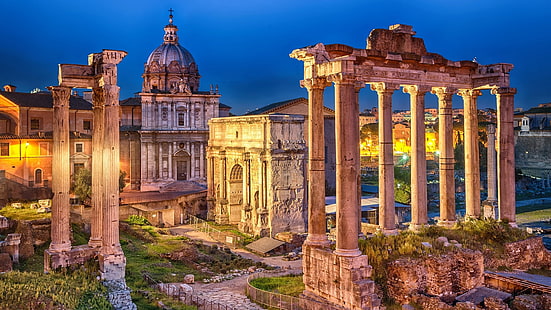 夕暮れ、歴史、歴史、イタリア、ローマ、ローマのフォーラム、列、遺跡、ヨーロッパ、夜、ランドマーク、観光、フォーラムのローマ、古代ローマの建築、都市、空、古代史、古代ローマ、観光名所、史跡、 HDデスクトップの壁紙 HD wallpaper
