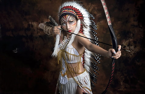 девушка, оружие, косплей, брюнетка, азиатка, лук, стрела, азиатка, коренной американец, HD обои HD wallpaper