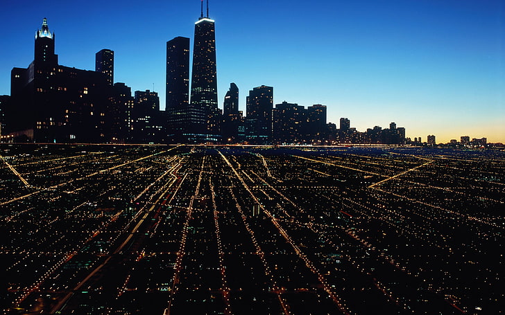 city ​​light HD wallpaper, arquitectura, moderno, paisaje urbano, ciudad, edificio, rascacielos, urbano, calle, Chicago, EE. UU., noche, luces, farola, senderos de luz, larga exposición, Fondo de pantalla HD