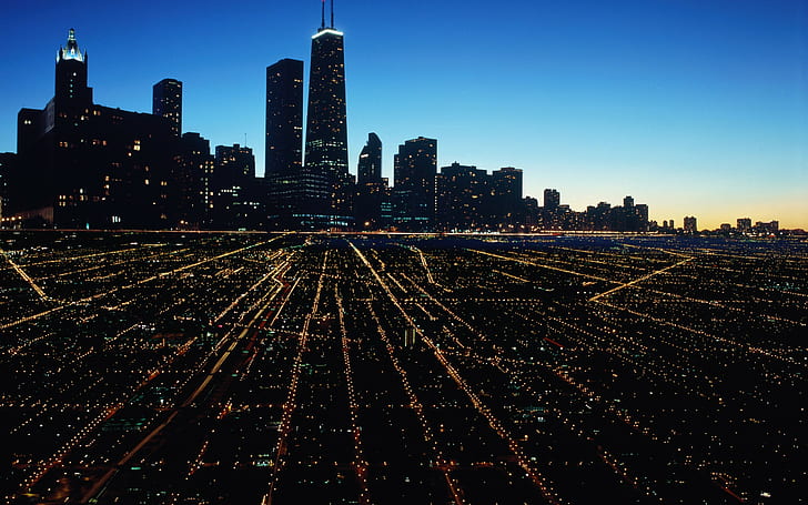natt, gatubelysning, ljusleder, lång exponering, byggnad, arkitektur, skyskrapa, urban, stadsbild, Chicago, USA, lampor, modern, stad, gata, HD tapet