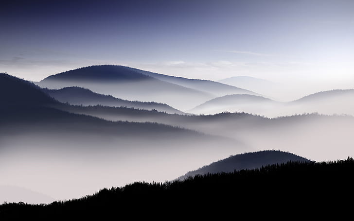 Foggy, Mountains, Silhouette, HD wallpaper