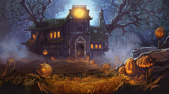 Feiertag, Halloween, Spukhaus, Haus, Kürbislaterne, Mond, Baum, HD-Hintergrundbild HD wallpaper