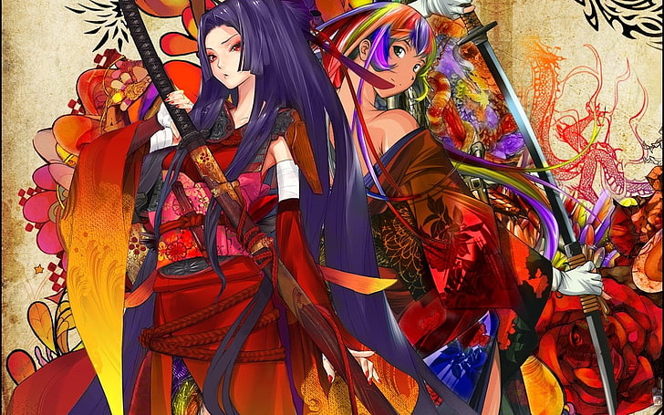 Snyp, épée, katana, personnages originaux, anime girls, guerrier, cheveux violets, anime, Fond d'écran HD