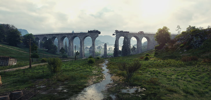 jembatan beton putih, World of Tanks, video game, sungai, lanskap, Wallpaper HD
