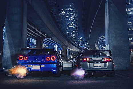 Nissan, Toyota, Autos, Supra, Skyline, Sport, R34, Auspuff, Nacht, HD-Hintergrundbild HD wallpaper