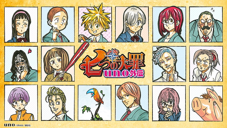 collage di personaggi anime, Nanatsu no Taizai, meliodas, Ban, Elizabeth Liones, Diane (Sin of Envy), Fairy King Harlequin, Gowther (Sin of Lust), Hawk (Nanatsu no Taizai), Sfondo HD