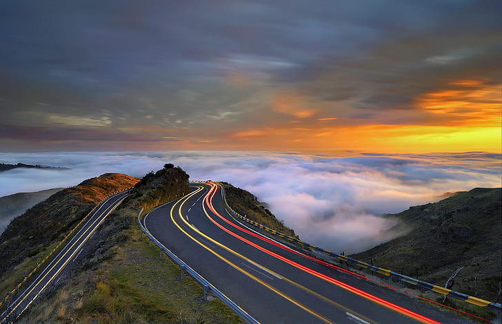 carretera, puesta de sol, luces, montaña, hora punta, Madeira, Fondo de pantalla HD