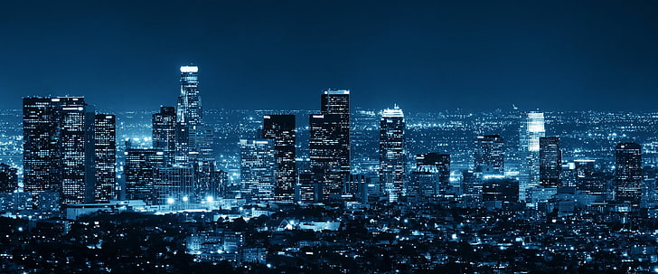 черни и сини сгради цифрови тапети, Градове, Лос Анджелис, Сграда, Град, Градски пейзаж, Хоризонт, Нощ, Небостъргач, САЩ, HD тапет