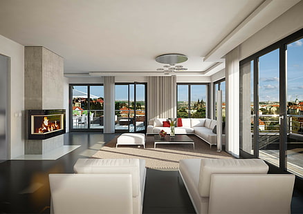 дизайн, стиль, интерьер, камин, пентхаус, терраса, гостиная, жилая площадь, HD обои HD wallpaper