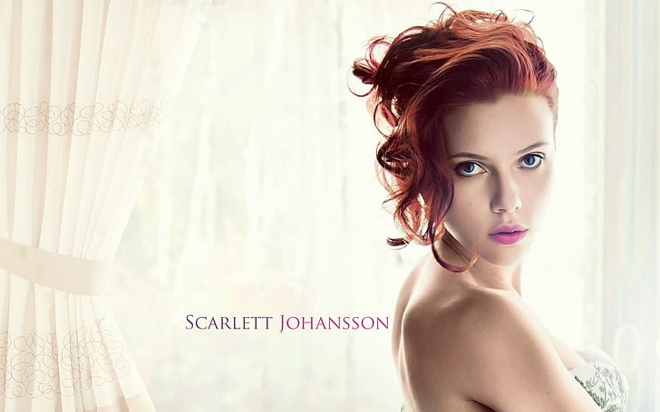 Scarlett Johansson, wanita, aktris, berambut merah, lipstik merah muda, rambut pendek, eyeliner, Wallpaper HD