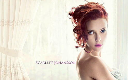 Скарлет Йохансон, жени, актриса, червенокоса, розово червило, къса коса, очна линия, HD тапет HD wallpaper