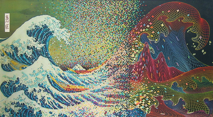 ภาพประกอบคลื่นทะเลสีแดงน้ำเงินและขาว, คลื่น, The Great Wave off Kanagawa, Wave of the Future, พิกเซล, พิกเซลอาร์ต, ศิลปะดิจิทัล, วอลล์เปเปอร์ HD