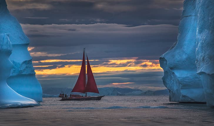 sea, yacht, icebergs, scarlet sails, Greenland, Disko Bay, HD wallpaper