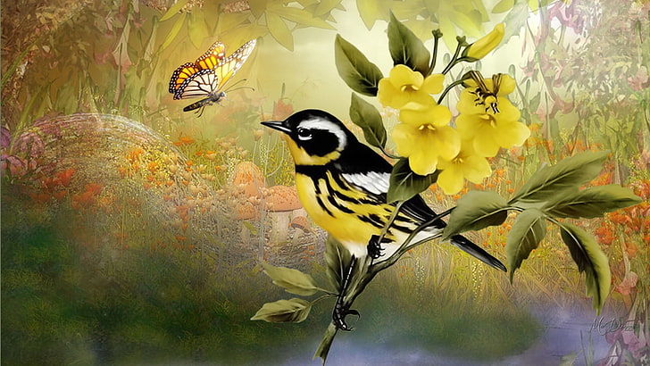 Natures Bird Collage, птица, цветя, есен, сума, колаж, пеперуда, HD тапет