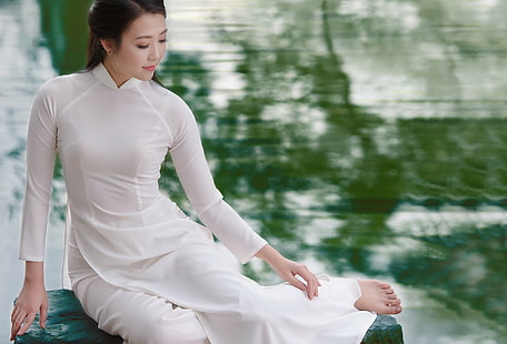 Women, Asian, Ao Dai, Girl, Model, Vietnamese, Water, HD wallpaper HD wallpaper