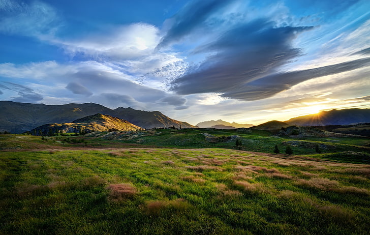grünes gras, natur, landschaft, berge, wolken, HD-Hintergrundbild
