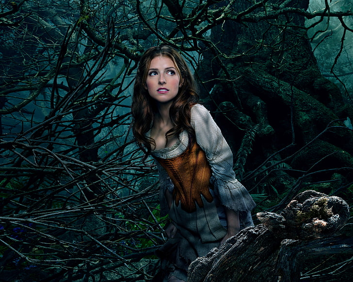women's white and brown scoop-neck flare sleeve dress, Girl, Fantasy, Nature, Sky, Beautiful, Darkness, Blue, the, Night, Wallpaper, Family, Eyes, Woman, Mountains, Cinderella, Year, Walt Disney Pictures, Face, Lips, Movie, Trees, Film, 2014, Musical, Comedy, Woods, Anna Kendrick, Into the Woods, Into, HD wallpaper