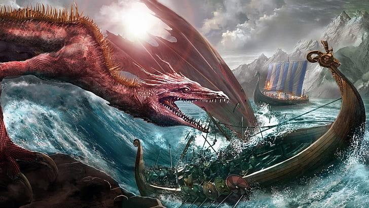 Fantasy, Dragon, Boat, Drakkar, Viking, HD wallpaper