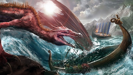 Fantasy, Dragon, Boat, Drakkar, Viking, HD tapet HD wallpaper