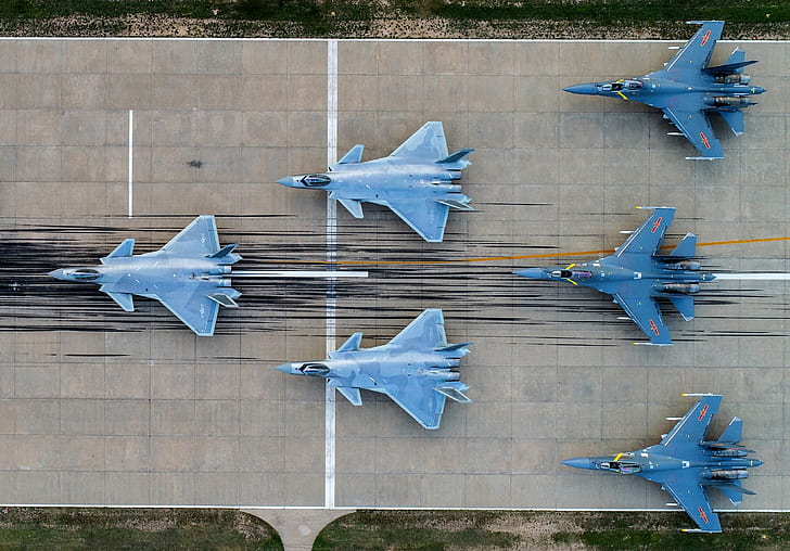 aircraft, military, military aircraft, vehicle, PLAAF, J-20 stealth fighter, J-16 heavy fighter, tiles, bird's eye view, HD wallpaper