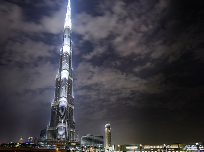 Бурж Халифа през нощта, градски сгради, Азия, Обединени арабски емирства, нощ, Дубай, Skyline, небостъргач, Емирства, обединени арабски емирства, буржхалифа, HD тапет HD wallpaper