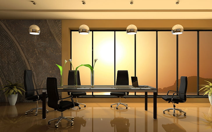 czarno-szary drewniany stół z krzesłami na kółkach, stół, krzesła biurowe, szkło, okno, Tapety HD