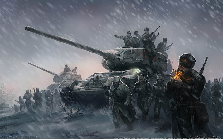 soldier and battle tank painting, artwork, World War II, Soviet Army, tank, cigarettes, winter, Company of Heroes, HD wallpaper