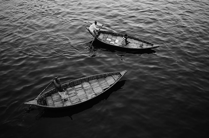 black and white, boat, canoe, lake, ocean, paddles, people, river, sea, water, watercrafts, HD wallpaper