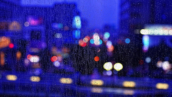luz, vidro de janela, janela, vidro, dia de chuva, gotas de chuva, gotas, escuridão, luzes, céu, efeitos especiais, iluminação, noite, chuva, luzes de bokeh, azul, luzes da cidade, HD papel de parede HD wallpaper