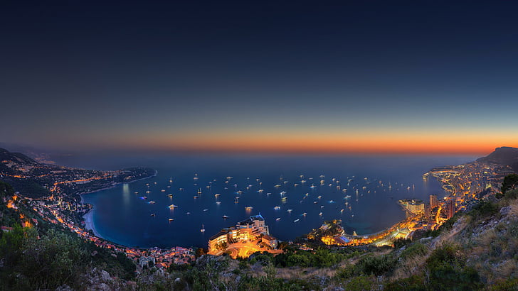 Монако, залив, светлини, лодки, нощ, Европа, градски светлини, залез, градски пейзаж, пристанище, Монтекарло, Монте Карло, HD тапет