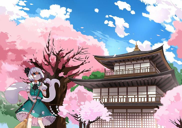 blossoms, building, cherry, greetload, konpaku, myon, touhou, youmu, HD wallpaper