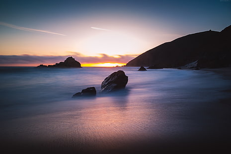 California, Pfeiffer Beach, turismo, viaggi, Big Sur, Stati Uniti, 4k, Sunset, 5k, le migliori spiagge del mondo, Sfondo HD HD wallpaper