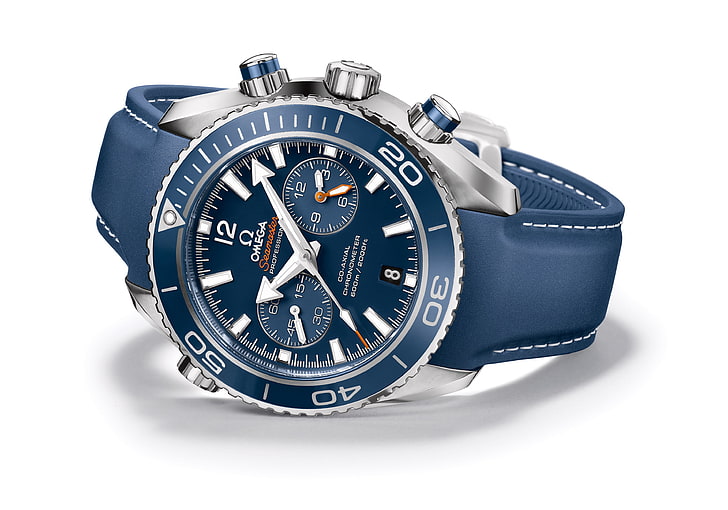 round blue and silver-colored Omega chronograph watch with blue leather strap, watch, omega, seamaster, HD wallpaper