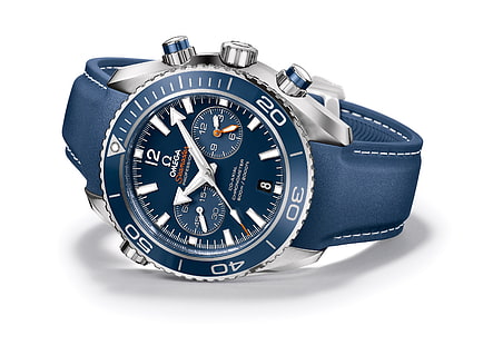 นาฬิกาโครโนกราฟ Omega สีน้ำเงินและสีเงินทรงกลมพร้อมสายหนังสีน้ำเงินนาฬิกาโอเมก้าจักรเย็บผ้า, วอลล์เปเปอร์ HD HD wallpaper