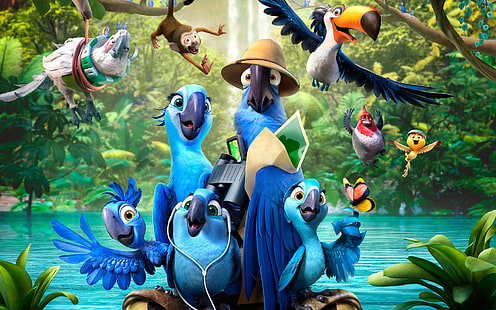 птицы, голубые, мультфильм, кино, рио 2, HD обои HD wallpaper