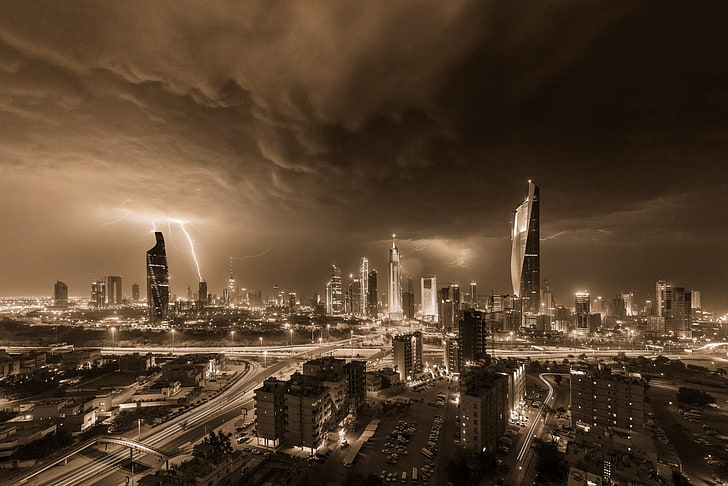 Cities, Kuwait City, City, Kuwait, Lightning, HD wallpaper