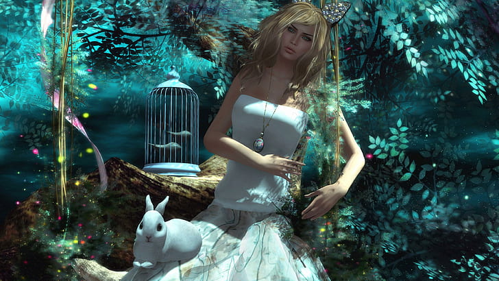 Menina loira com um coelho, mulher na foto de blusa branca, arte digital, 3840x2160, coelho, mulher, gaiola, HD papel de parede